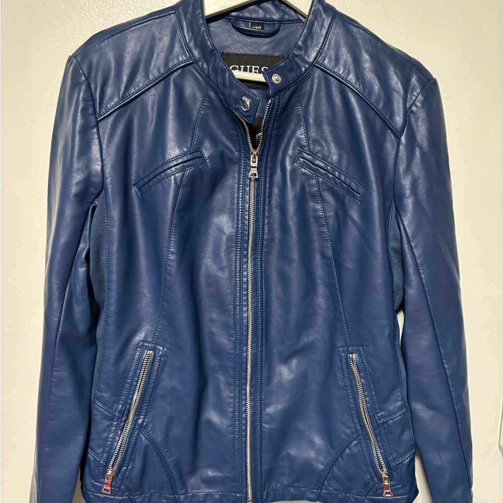 GUESS blue faux-leather moto jacket